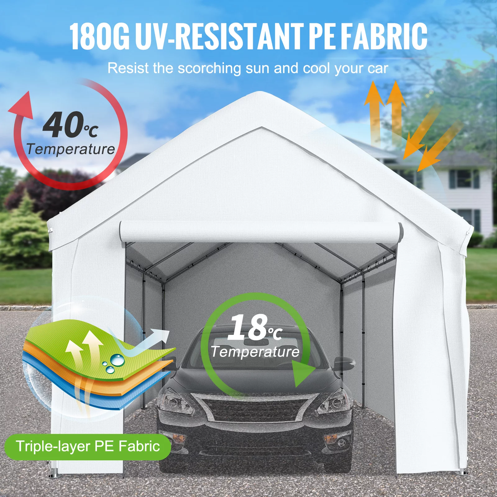 VEVOR Carport Car Canopy 13 x 20 ft, Heavy Duty Garage Shelter with 8 Legs and Removable Sidewalls, Car Garage Tent for Party, Birthday, Boat, Adjustable Peak Height from 9.6 ft to 11.3 ft, White