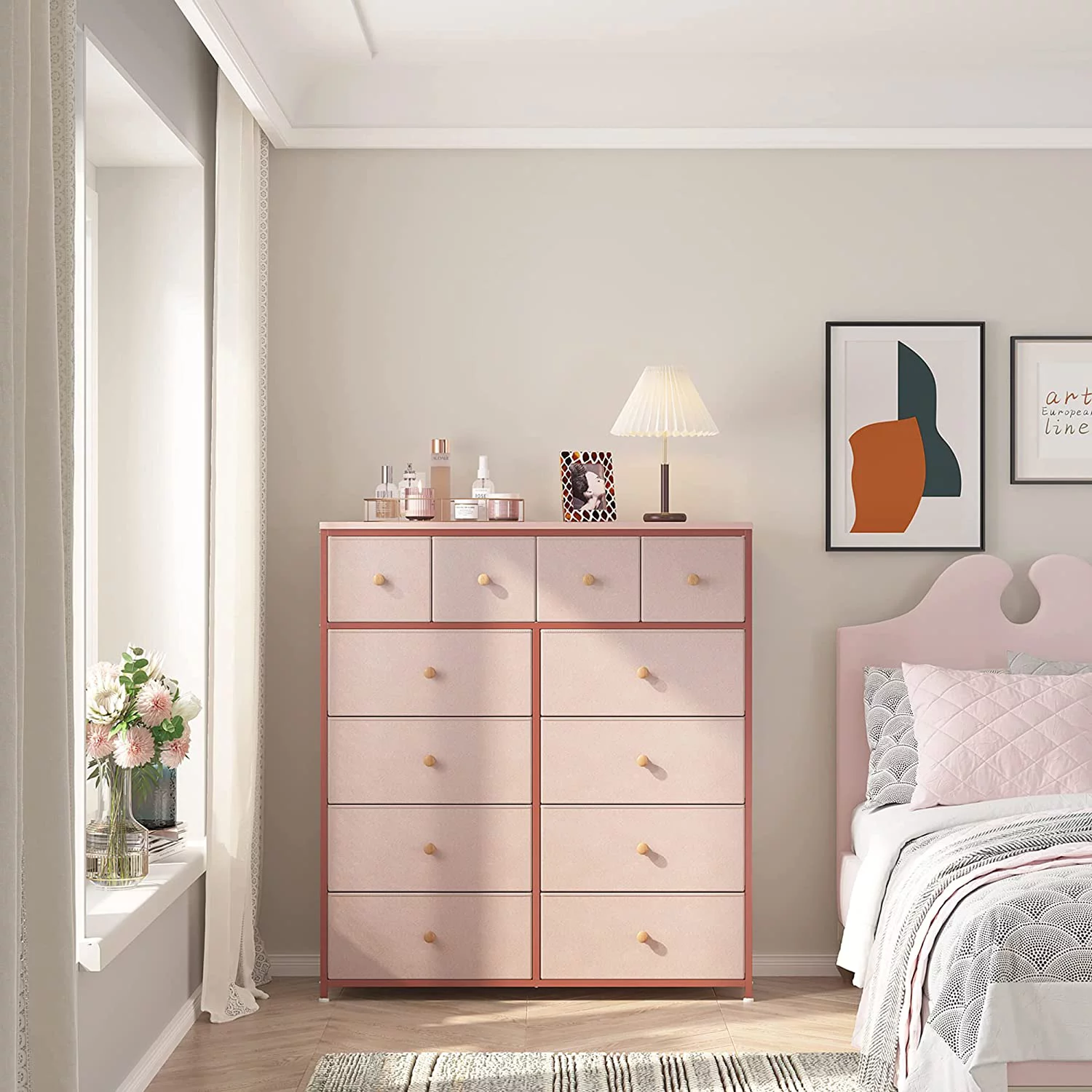 Pink Dresser for Girls Bedroom with 12 Drawers Girls Dressers for Bedroom Pink Chest of Drawers with Wood Top, Metal Frame, Tall Dressers for Bedroom, Closet, Nursery, Living Room Pink