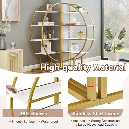 Tmosi 4 Tier Open Bookshelf, Modern Round Tall Bookcase Shelf Storage, Book Shelf with Metal Frame for Bedroom Home Office, Different Placement Ways (Golden+White)