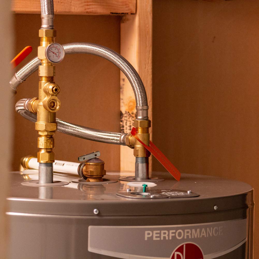 Cash Acme Water Heater Tank Booster Pro, Thermostatic Mixing Valve 3/4 with Temperature Gauge, Braided Hose, Domestic and Commercial Application