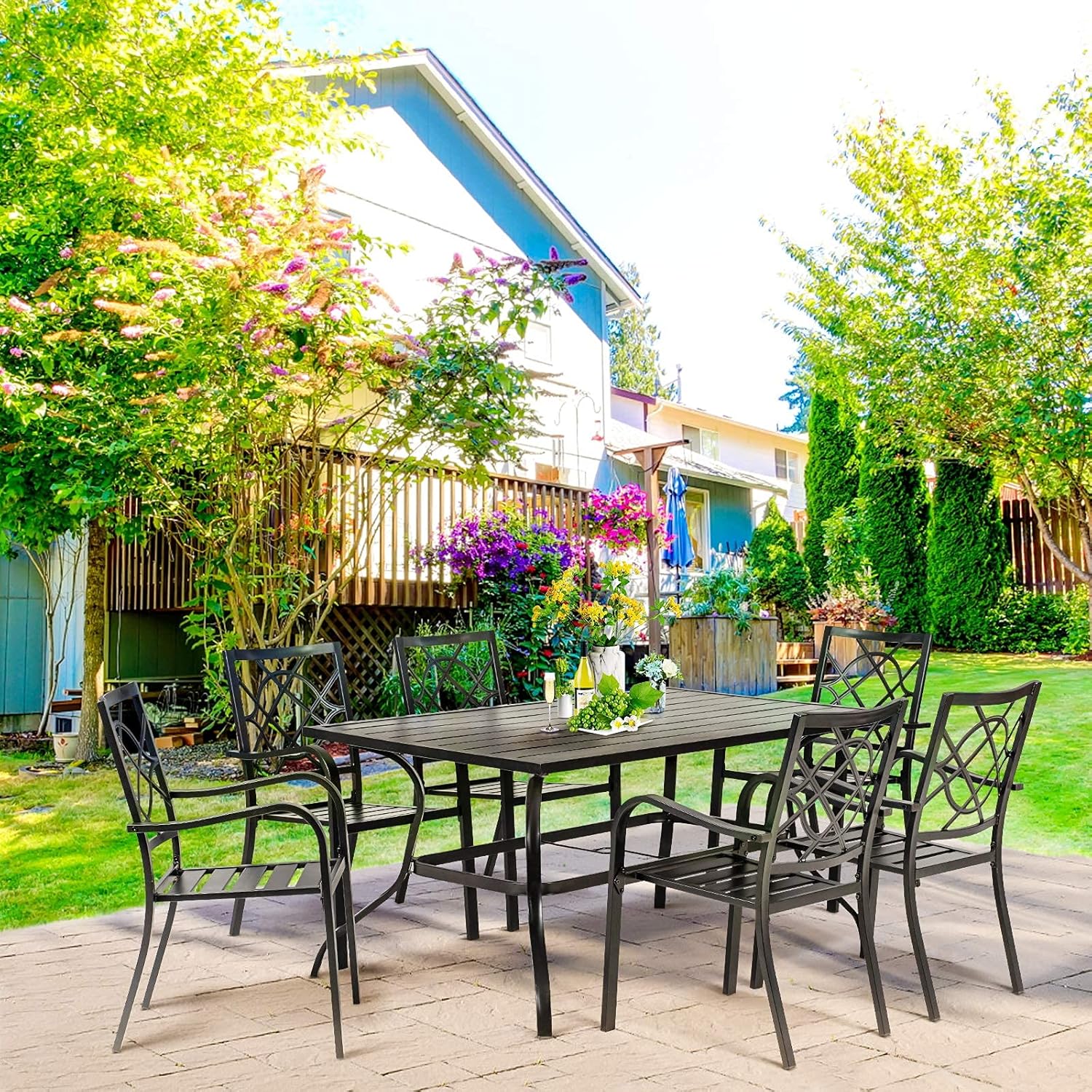 SUNCROWN 5-Piece Outdoor Wrought Iron Chairs and Table Patio Dining Furniture Set - 4 Stackable Metal Chairs and 1 Square Steel Slat Bistro Table with 1.57" Umbrella Hole for Backyard Garden Deck