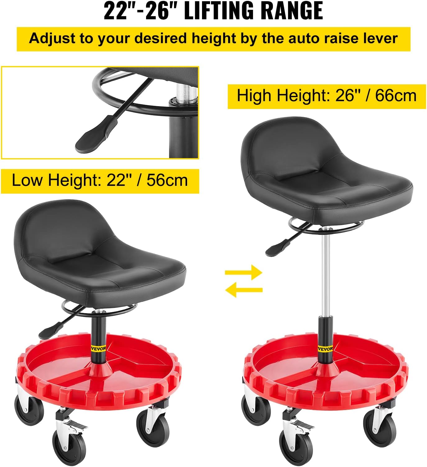 VEVOR Shop Stool, 400 LBS Rolling Garage Stool, 22” to 26” Adjustable Height Mobile Rolling Gear Seat, Round Tray Garage Pneumatic Stool, All-Terrain 5 Casters with Two Brakes Mechanic Seat