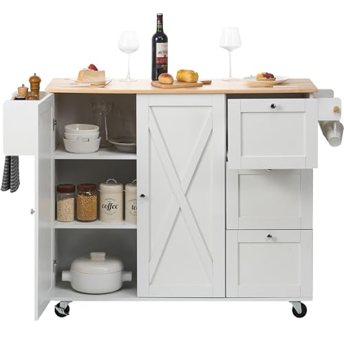 VEVOR Kitchen Island Cart with Solid Wood Top, 35.4" Width Mobile Carts with Storage Cabinet, Rolling Kitchen Table with Spice Rack, Towel Rack, and Drawer, Portable Islands on Wheels, White