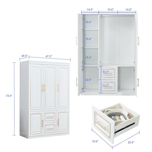 Closet with Doors Armoire Wardrobe Closets Wood Cabinet White Storage Closet Cabinet for Bedroom Armoires Clothes Wood Closet with Hanging Rod (20.51" D x 63" W x 74.02" H, Golden Handle)