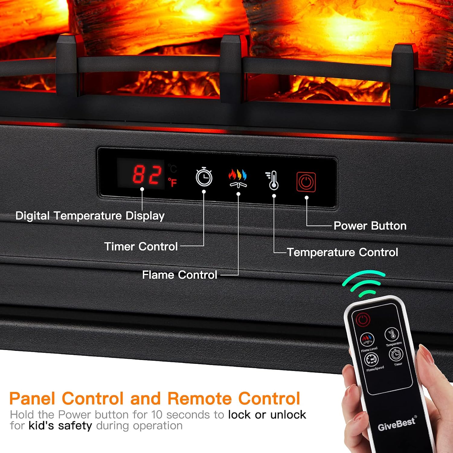 Electric Fireplace Infrared Heater, 24" Freestanding Portable Stove Heater with 3D Realistic Flame, Overheating Safety Protection with Remote Control and Timer, 1500W