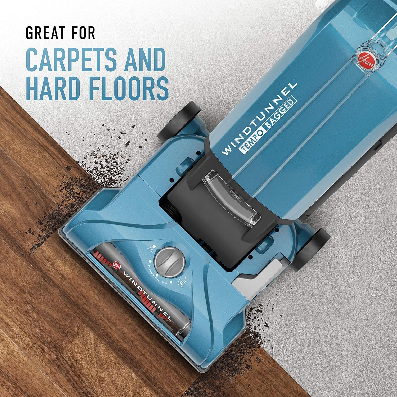Hoover WindTunnel T-Series Tempo Bagged Upright Vacuum Cleaner with HEPA Media Filter, For Carpet and Hard Floor, UH30301, Blue