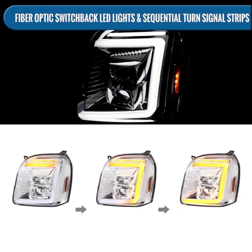 Fits 2007-2014 GMC Yukon XL 1500 2500 Upgraded LED Tube Switchback Sequential Turn Signal Projector Headlights Assembly Pair | Black Smoke