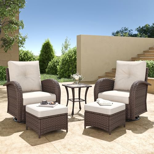 5 Pieces Wicker Patio Furniture Set, Luxury Outdoor Conversation Set with High Back Swivel Rocker Chairs