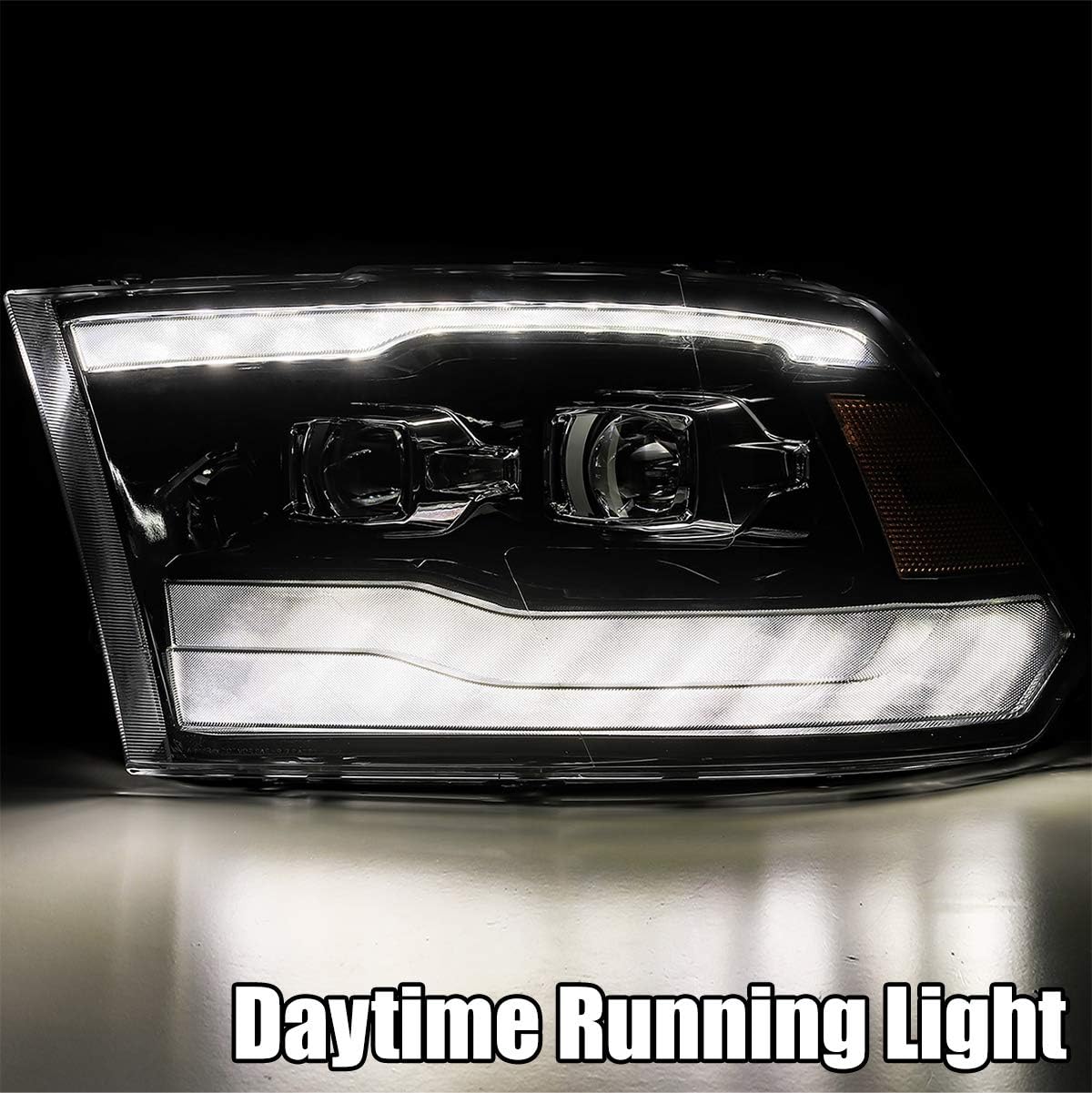 AlphaRex PRO-Series Black For 13-18 Ram 1500/2500/3500 Factory Projector Top and Bottom DRL/Switchback Sequential Signal Dual Projector Headlights