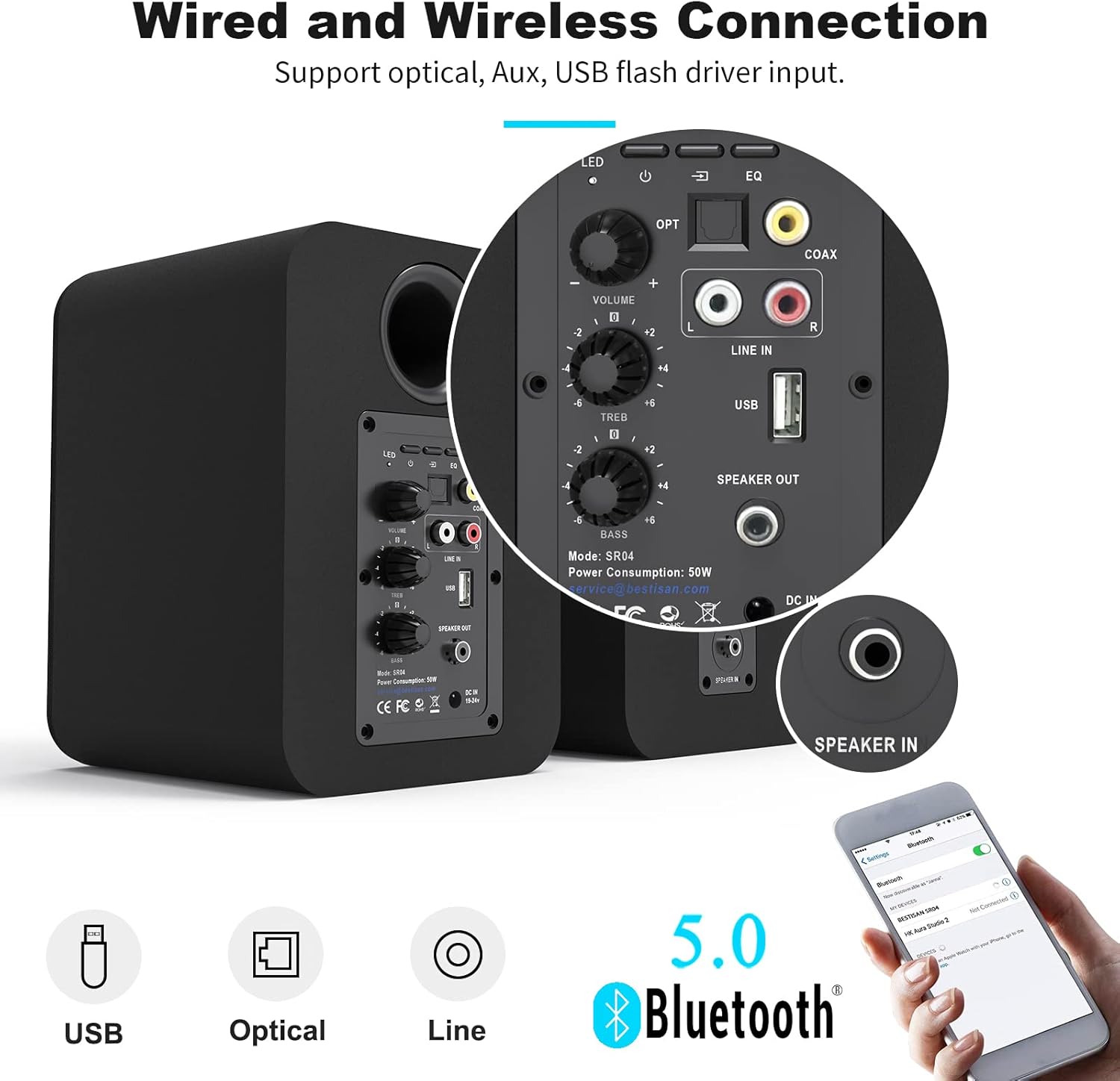 Bluetooth Bookshelf Speakers, Bestisan Bookshelf Active Speakers with Optical/RCA/Coax/USB Input for TV, Turntables, 50W RMS Home 2.0 Neared Field Audio Speakers with Speaker Out, (Pair, Black)