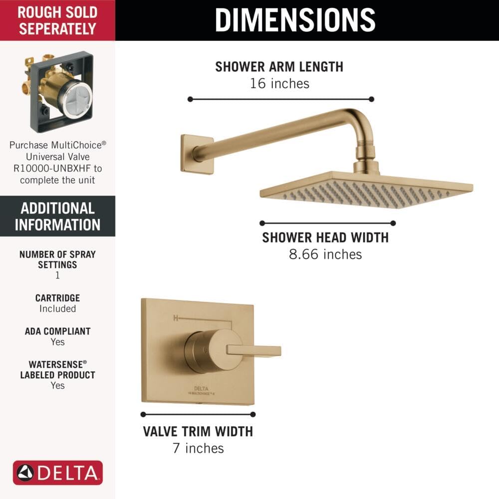 Delta Faucet Vero 14 Series Single-Function Shower Faucet Set, Rain Shower Head, Gold Shower Faucet, Shower Handle, Delta Shower Trim Kit, Champagne Bronze T14253-CZ-WE (Valve Not Included)