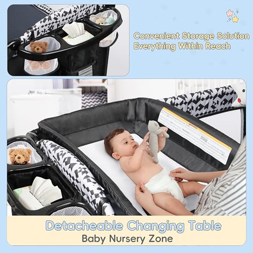 Xilingol 5-in-1 Pack and Play, Baby Bassinet Bedside Sleeper with Diaper Changer, Storage Bag & Music Box, Portable Baby Crib with Carry Bag, Foldable Playard with Bassinet for Newborn to Toddlers