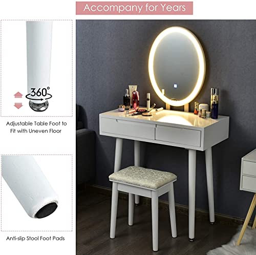 LDAILY Vanity Table Set with 3-Color Lighted Dimming Mirror, Wooden Makeup Table with Cushioned Stool & 2 Sliding Drawer, Touch Screen, Modern Bedroom Dressing Table for Women, Girl (White)