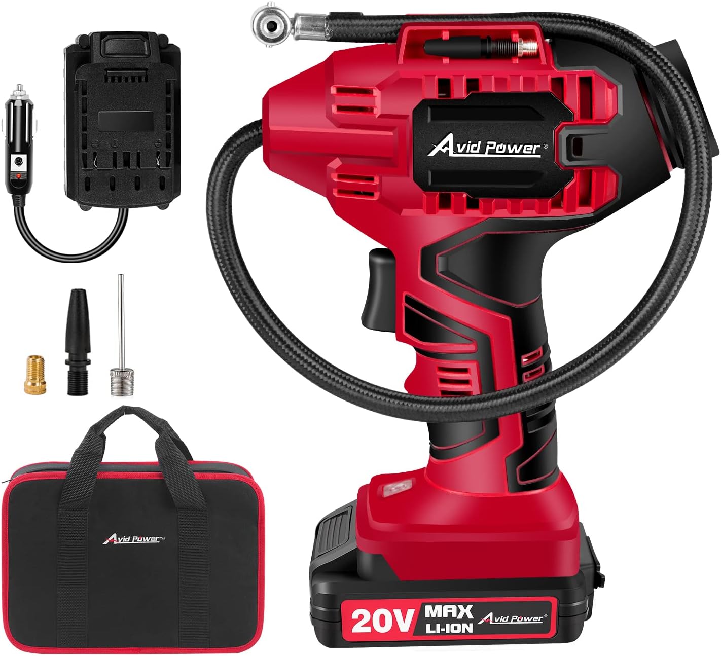 Avid Power Tire Inflator Air Compressor, 20V Cordless Car Tire Pump with Rechargeable Li-ion Battery, 12V Car Power Adapter, Digital Pressure Gauge