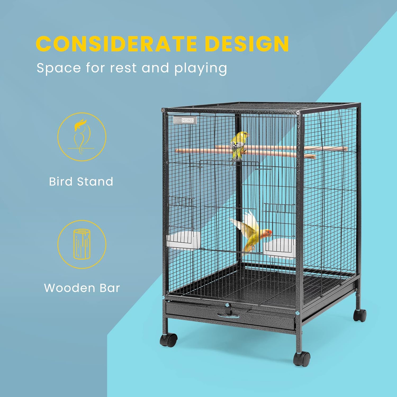 VIVOHOME Outdoor Green Garden Bird Bath and Solar Powered Round Pond Fountain & 30 Inch Height Wrought Iron Bird Cage with Rolling Stand