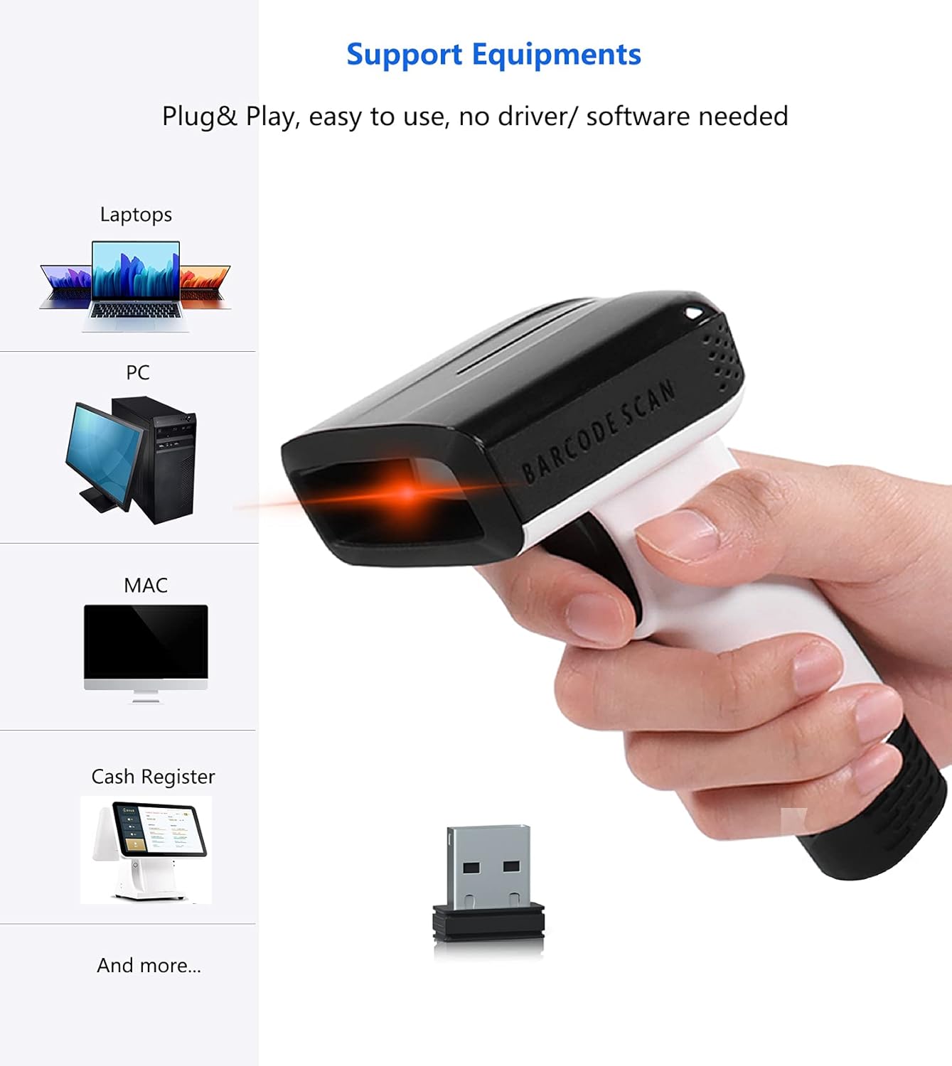 CHITENG Barcode Scanner Wireless, 1D/2D QR Code Scanner for PC, Handheld Bar Code Scanner with Vibration Alert, Plug & Play, USB Scanner Barcode for Warehouse, Supermarket, Store - White