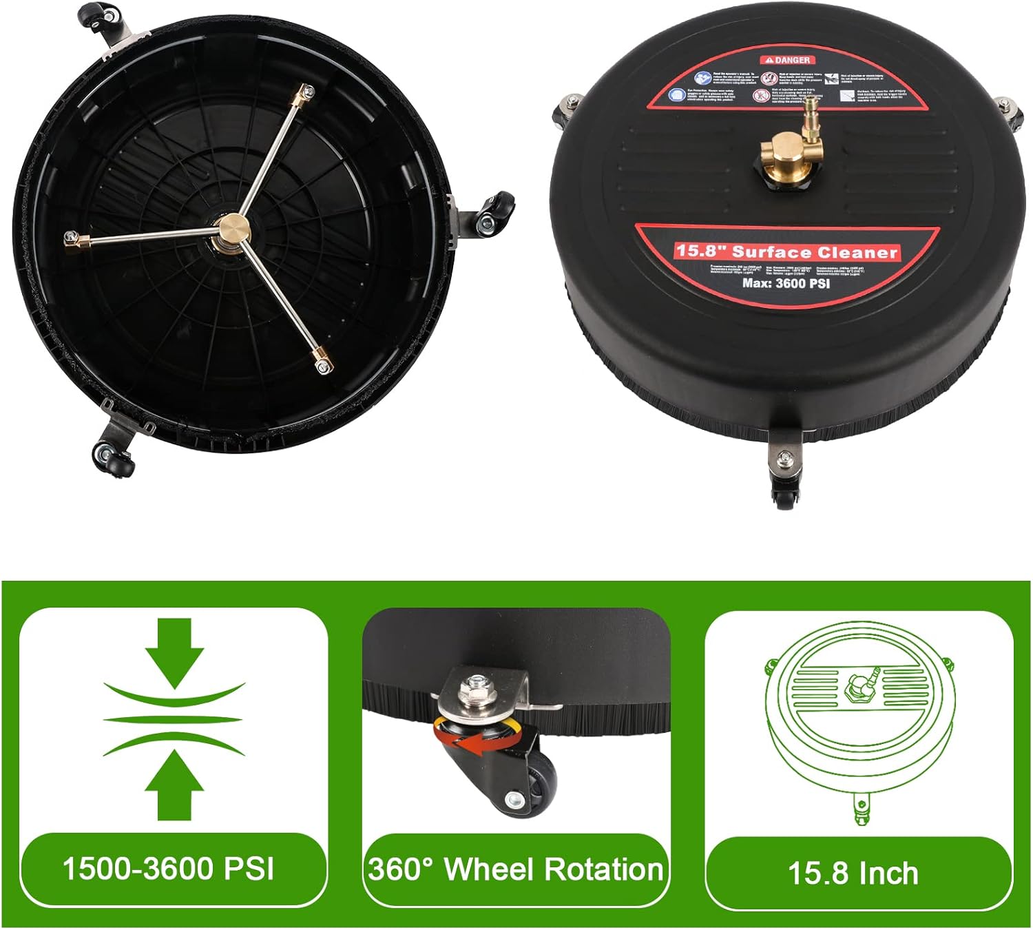 15.8'' Pressure Washer Surface Cleaner, 3600 PSI Plastic Power Surface Cleaner with 3 Wheels, 2 Extension Wands, 1/4" Quick Connection, Watertight Tape, Storage bag - for Cleaning Driveway Sidewalk