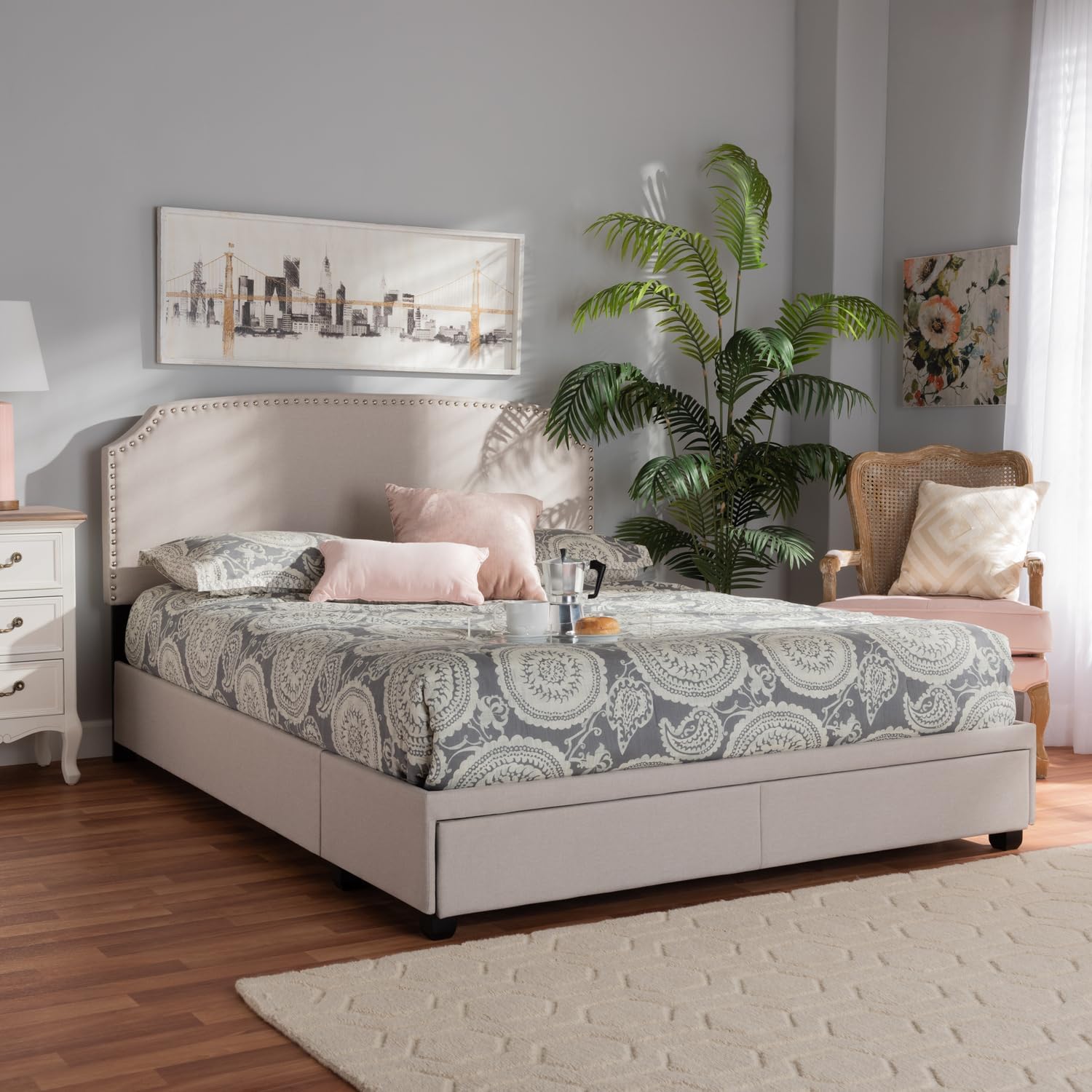 Old World Charm Beige Fabric Upholstered 2-Drawer Queen Size Platform Storage Bed, Included Components - Headboard, Slat, Drawer, 64.37" L x 84.65" W x 46.26" H