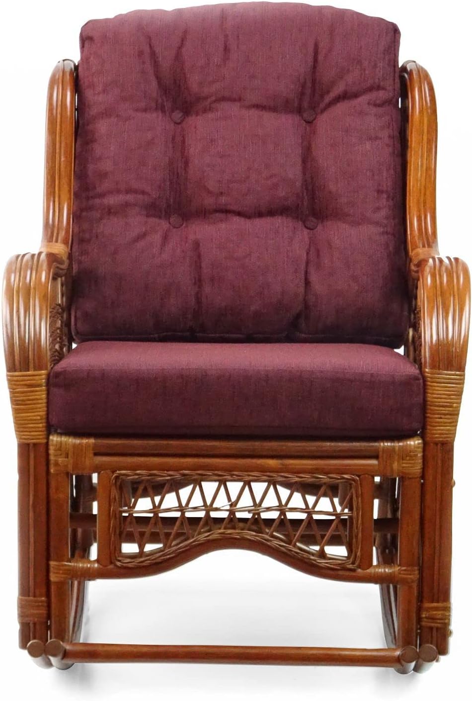 Wickerix Malibu Handmade Natural Rattan Living Room Set of 2 Rocking Lounge Chairs with Dark Brown Cushions and Round Coffee Table with Glass Colonial (Light Brown Color)