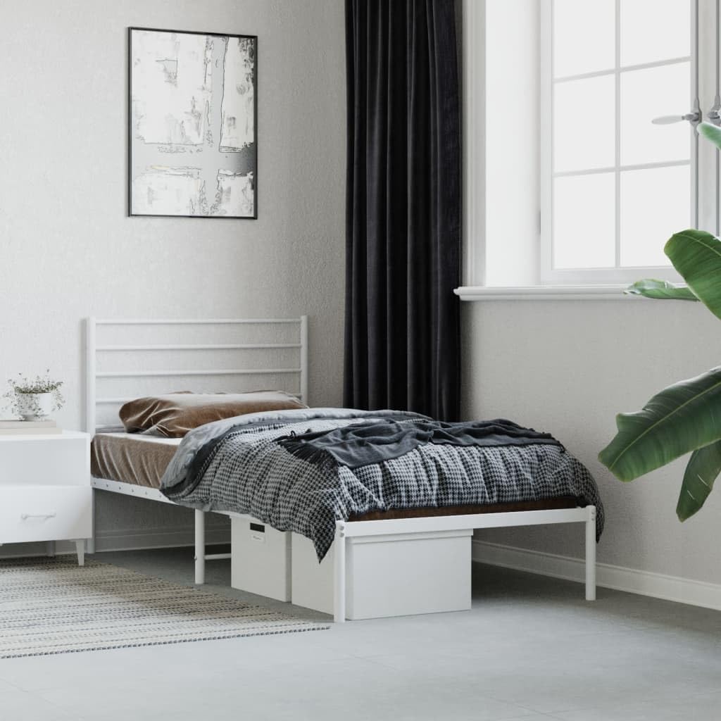 Asomie Indoor Fashion Furniture Beds Accessories Metal Bed Frame with Headboard White 39.4"x78.7"Bed Frames US Stock Fast Shipment White