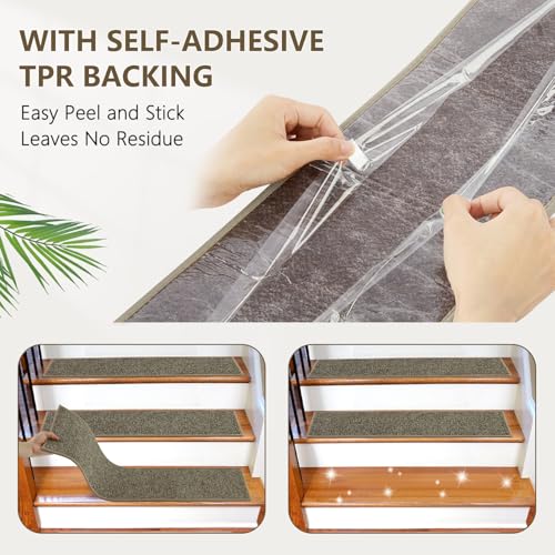 Stair Treads Non Slip for Wooden Steps Indoor, KOOTETA 15 Pack 8" X 30" Carpet Stair Treads with Reusable Adhesive for Kids Elders and Dogs, Surface Polyester TPR Backing Stair Runner Rugs, Dark Grey
