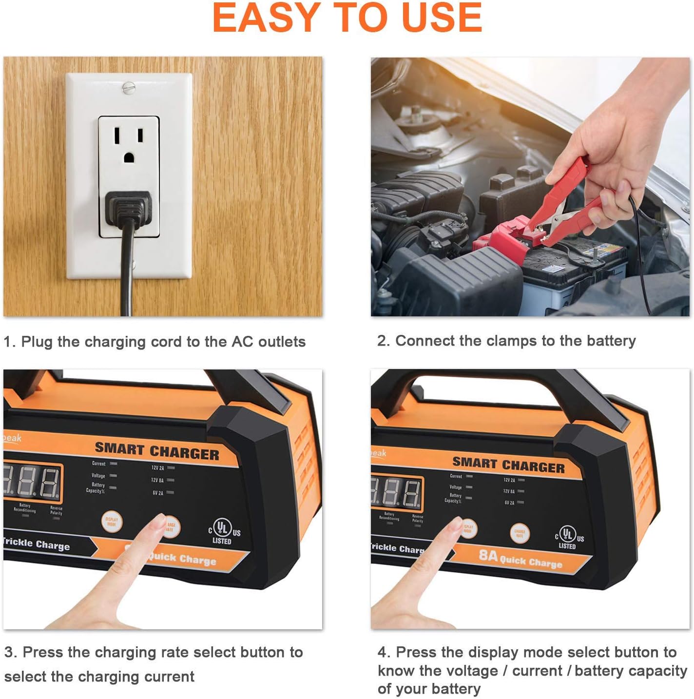 Ampeak 6V 12V Smart Car Battery Charger and Maintainer 2A 8A Fully Automatic with Cable Clamps