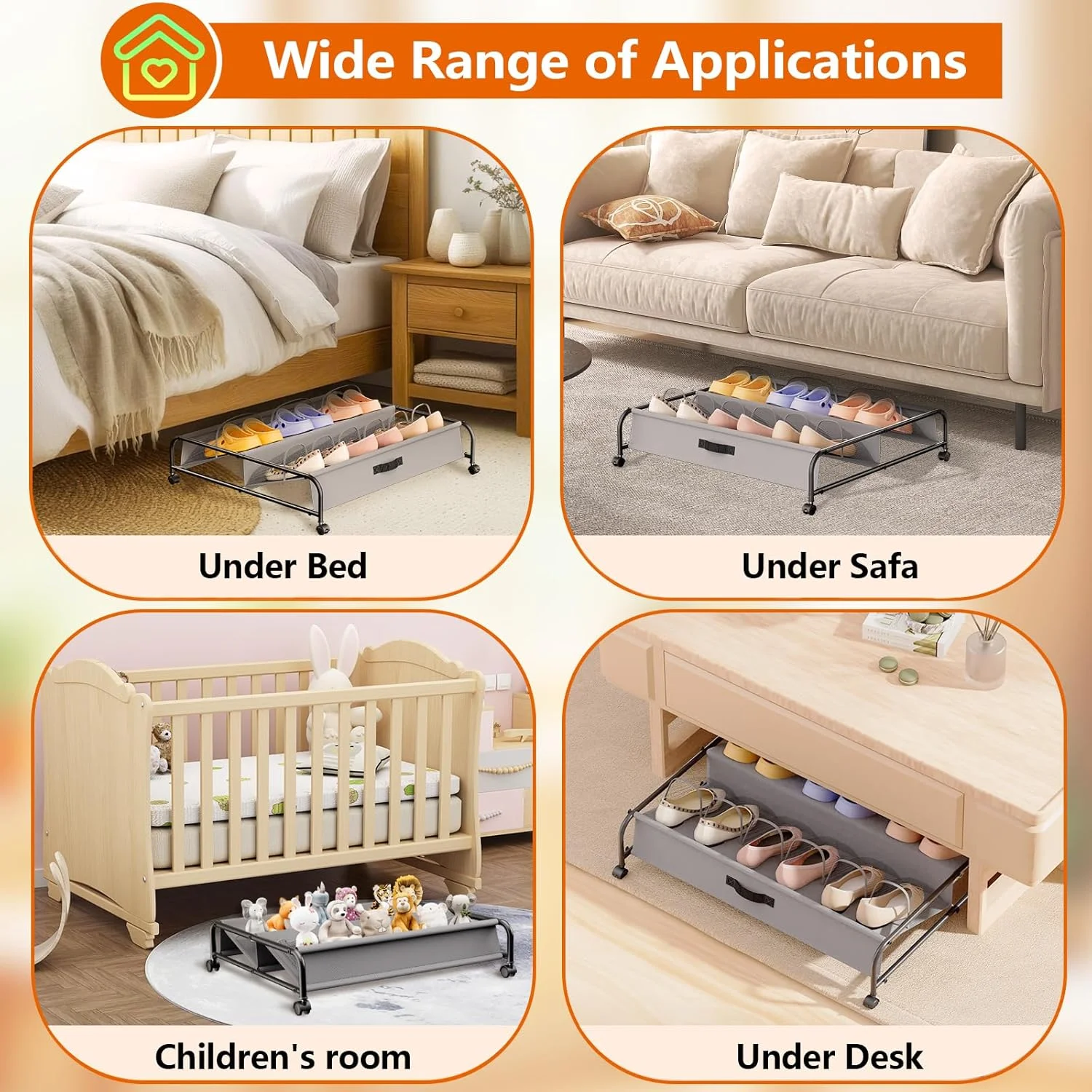 Under Bed Shoe Storage with Wheels, 2 Pack Rolling Under Bed Storage Containers for Shoes with Breathable Mesh Pockets, Metal Underbed Shoe Rack Organizer Bedroom Organization