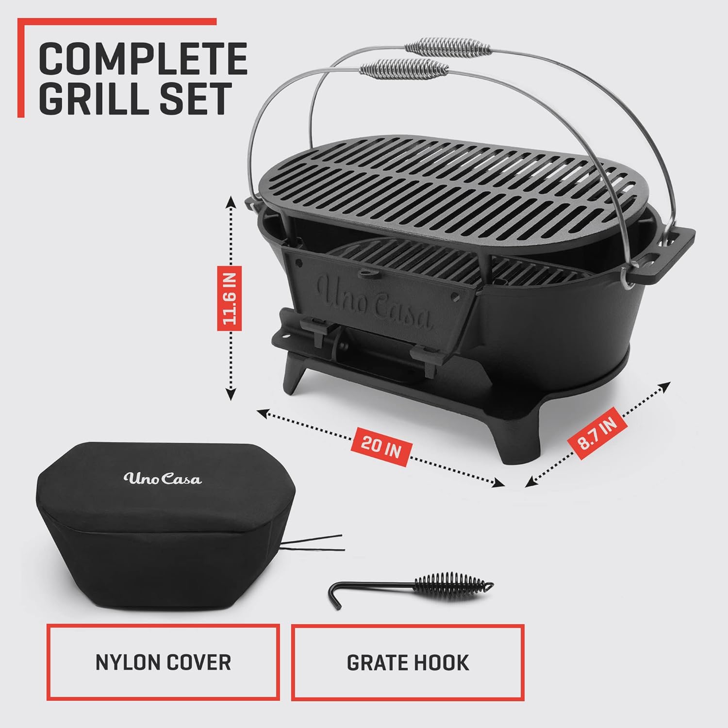 Uno Casa Hibachi Grill - Pre-Seasoned Small Charcoal Grill, Portable Charcoal Grill for Camping, Outdoors, Japanese Hibachi Grill with Double-Sided Grill Net - Waterproof Cover Included