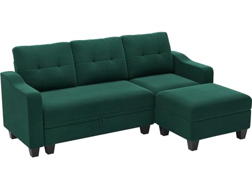 Belffin Velvet Sectional Couch with Storage, L Shaped Sofa with Chaise for Small Space, Blue
