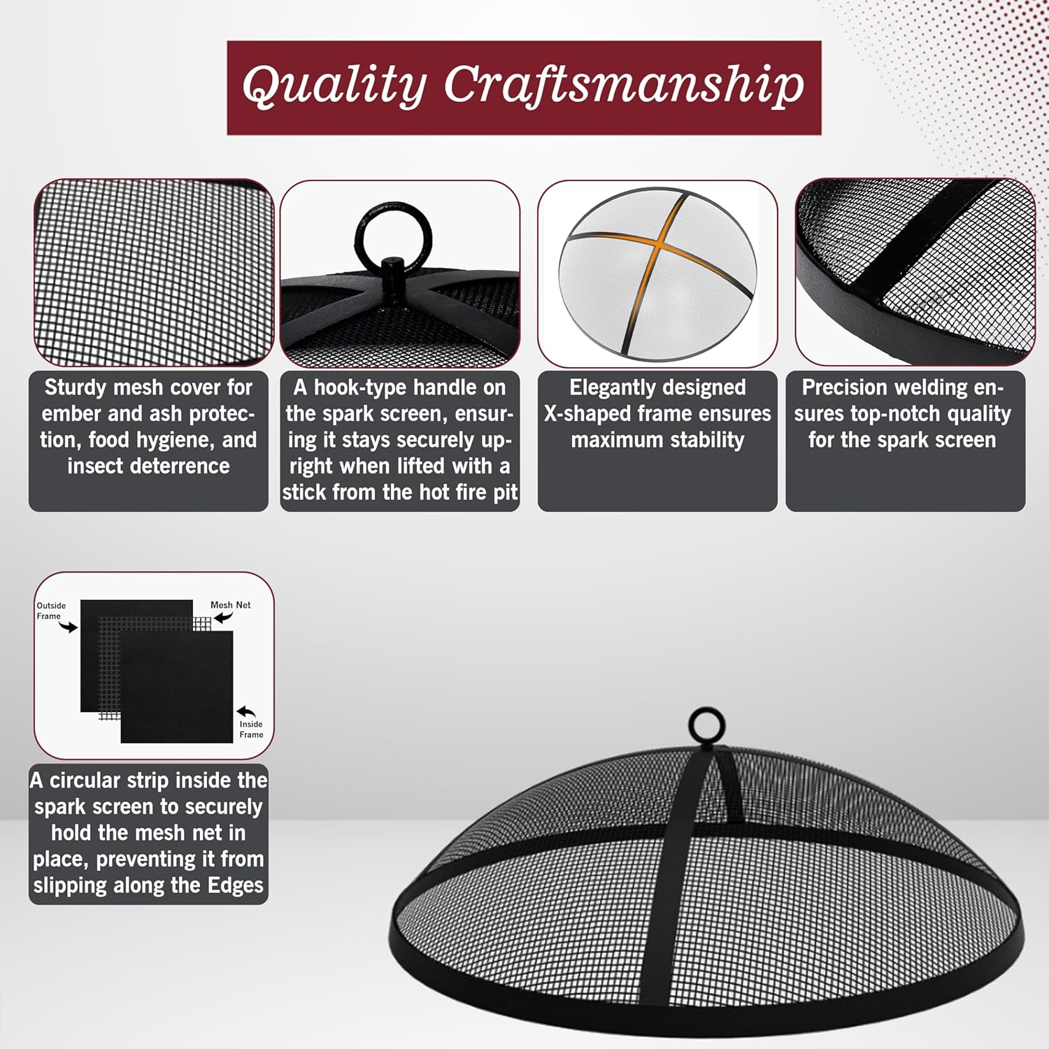 Fire Pit Spark Screen 36 Inch Round Lid, Heavy Duty Fire Pit Steel Mesh Screen Ember Arrester Lid with Hook for Outdoor Fire Pits Fireplace Fire Pit Insert Liner Replacement Screen