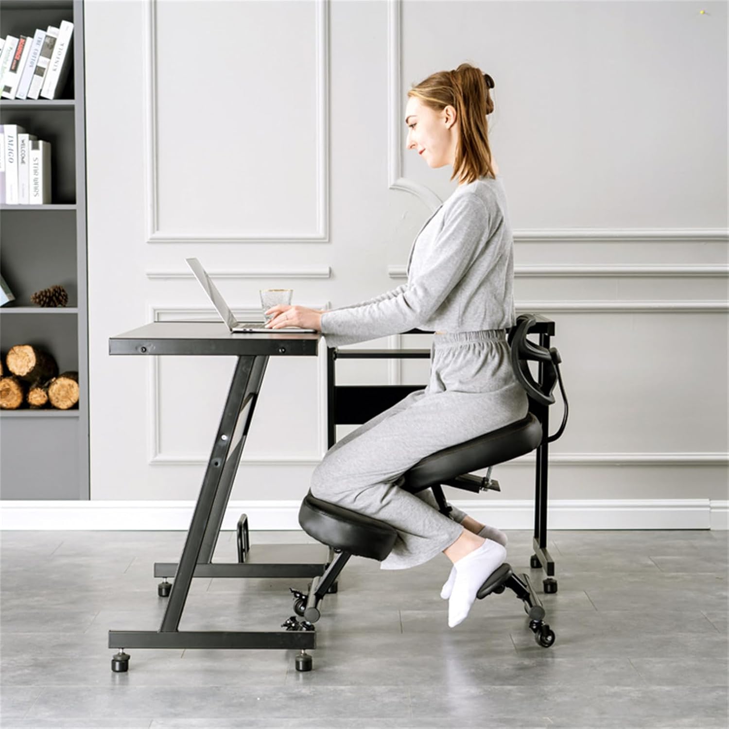 Ergonomic Kneeling Chair with Backrest, Rolling Posture Correction Kneeling Chair Adjustable Posture Knee Stool Chair for Home Office, Black