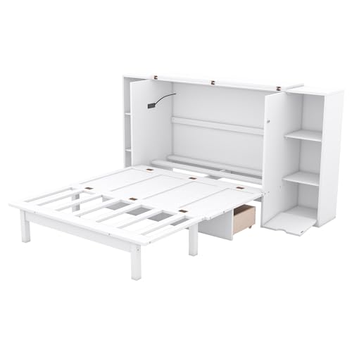 Queen Size Murphy Bed with Shelves and Storage Drawers, Wood Wall Bed Cube Bed Frame with USB Ports for Home Office, Small Room, Apartments, Guest Rooms, Bedroom, Furniture (White, Queen)