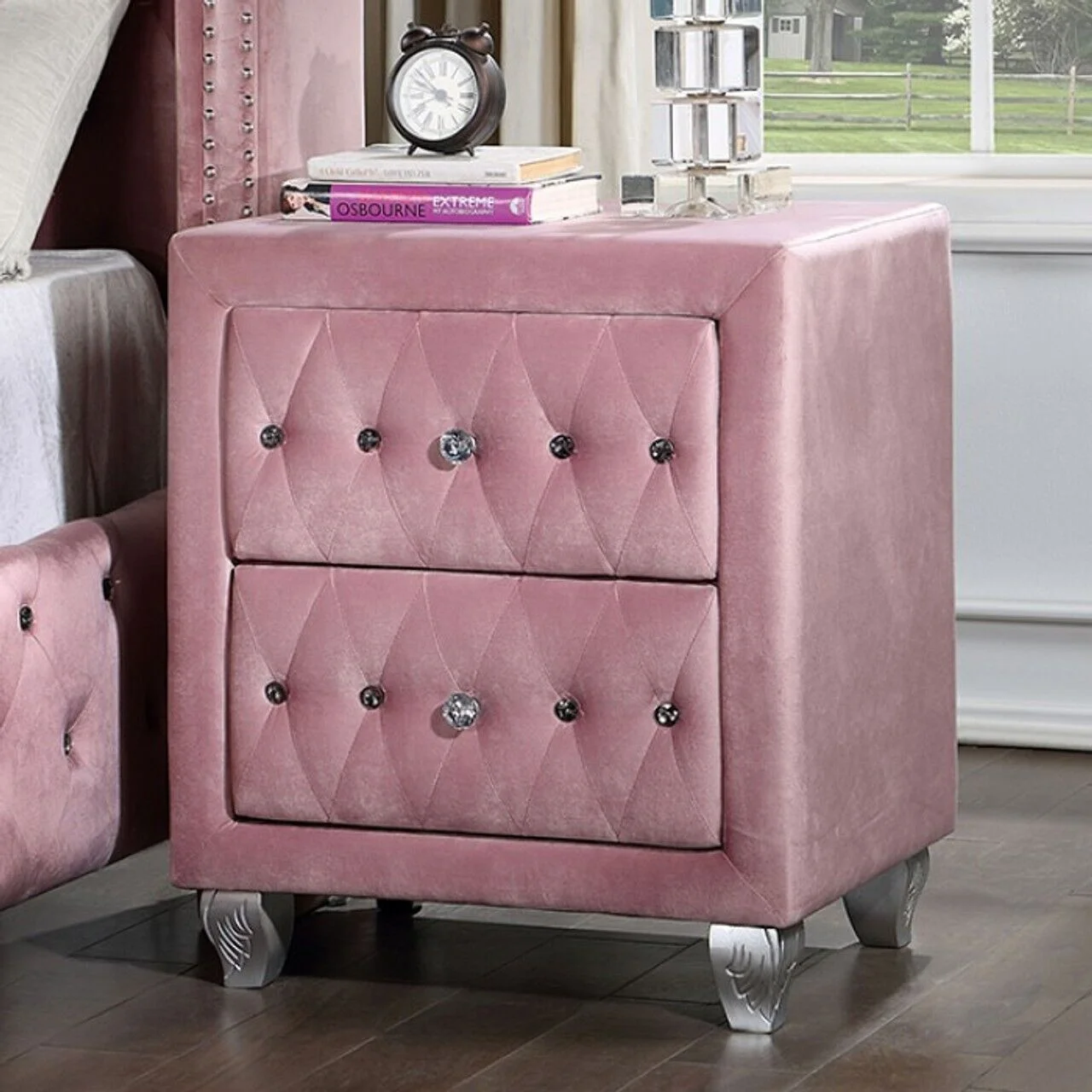 Glam Pink Upholstered Tufted Velvet Like Fabric 4pc Twin Size Bed Set Dresser Mirror Nightstand Bedroom Furniture