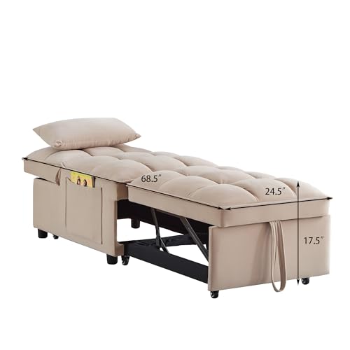 Sleeper Chair Bed, 4-in-1 Folding Convertible Chair Sofa Bed with Adjustable Backrest, Pull Out Sleeper Chair Bed with Storage Pockets, Modern Velvet Chaise Lounge (Taupe)