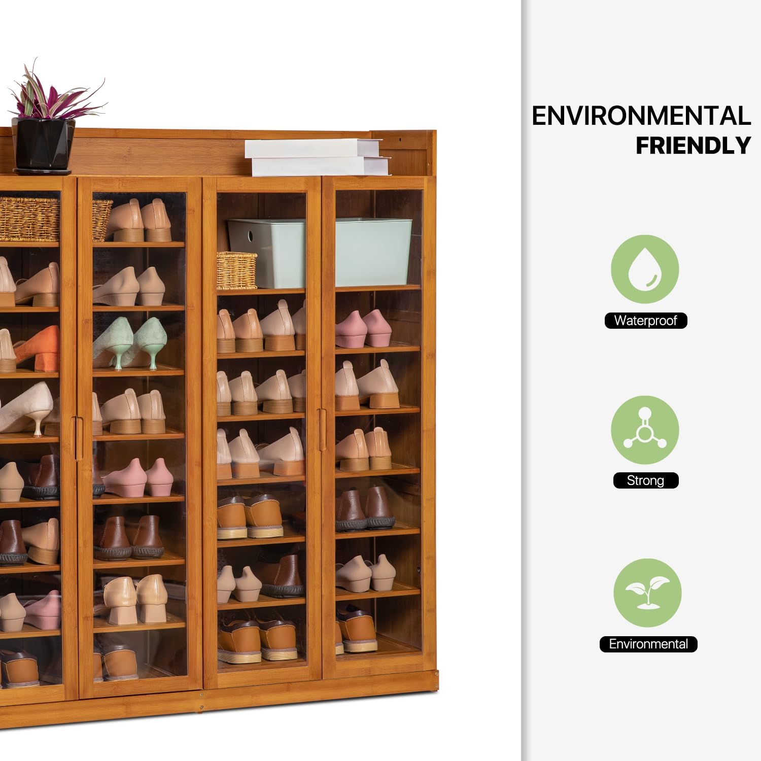 Magshion Bamboo Shoe Cabinet with Acrylic Doors - 9 Tier Free Standing Shoe Shelf Storage Organizer with Side Hooks - Ideal for Narrow Closet, Hallway, Living Room (Brown)