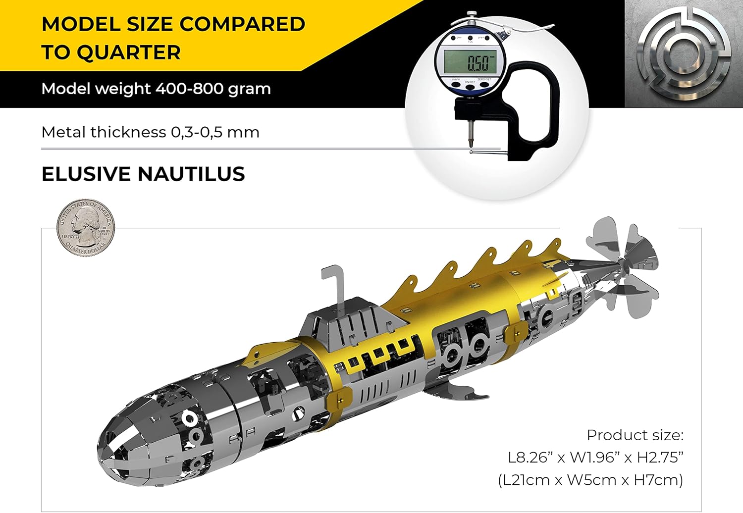 METAL-TIME Elusive Nautilus Submarine 3D Metal Mechanical Model Building Kit | Unique Wind-Up Moving Mechanism | Assemble Disassemble Stainless Steel Puzzle - 91 Pieces Pack of 2