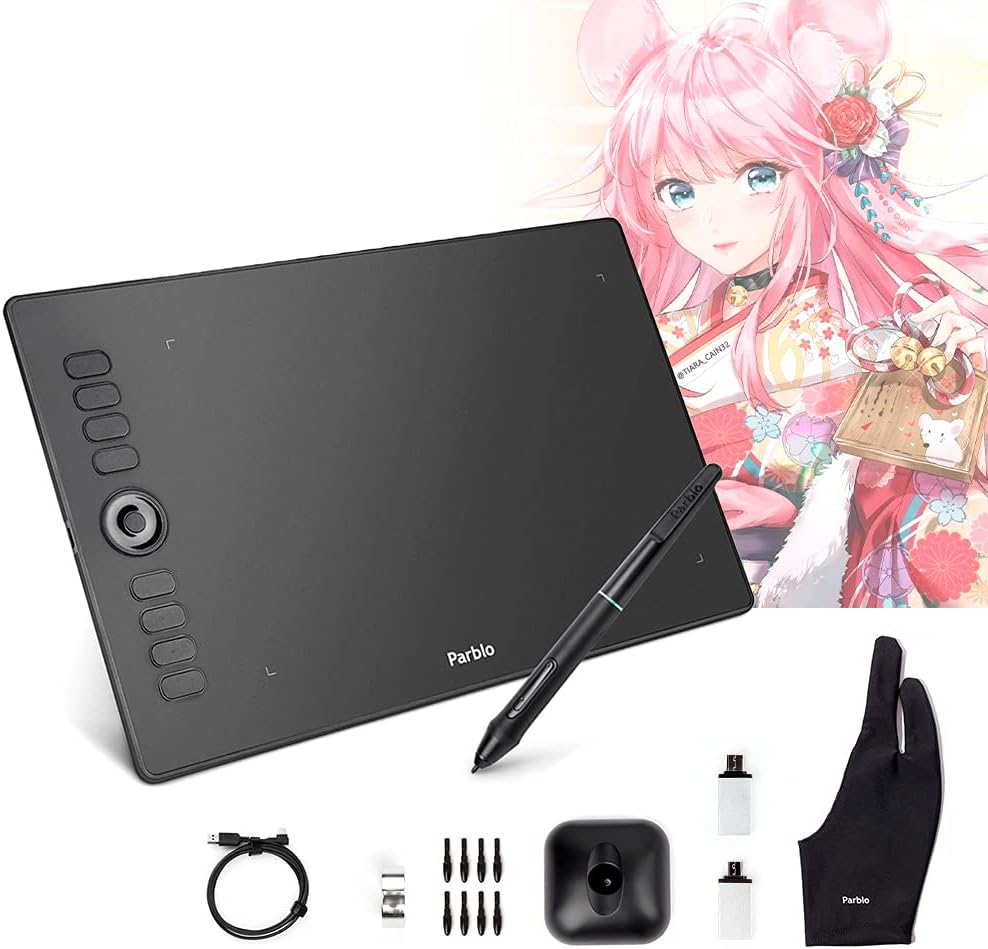 Parblo Graphics Drawing Tablet, 8192 Levels Battery-Free Stylus Art DrawingTablet with 8 Express Keys, Compatible with Chromebook and Android( A610 PRO) Pack of 2