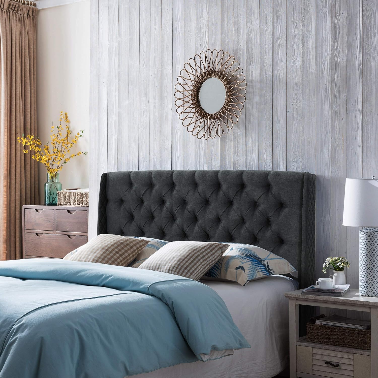 Christopher Knight Home Lidia Wingback Tufted Fabric Headboard, Queen / Full, Dark Gray / Black