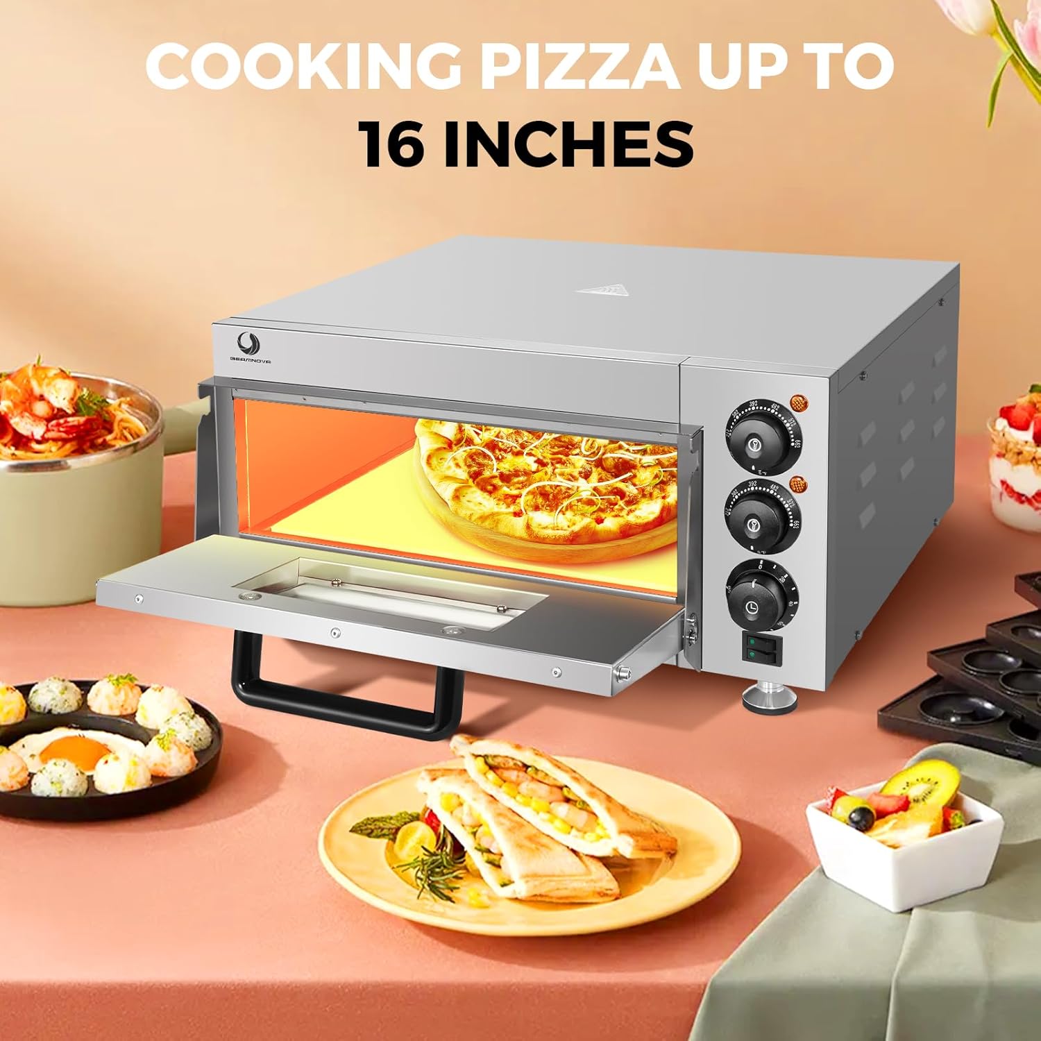 BEAMNOVA Electric Commercial Pizza Oven Countertop,1900W Adjustable Temperature Pizza Oven with 12 Inch Pizza Pan and Pizza Stone for Restaurant Home Pretzels Baked…