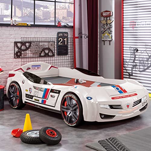 BiTurbo Twin Kids Race Car Bed Frame For Boys at age 2 to 12, Remote Controlled, LED Headlights, Engine Sound, License Plate, Black