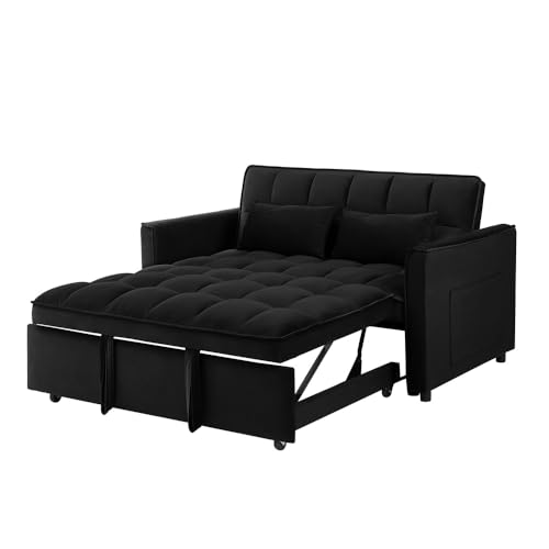 Sofa Bed,3 in 1 Convertible Sofa Bed, Modern Velvet Single Double Sofa, Adjustable Back, Storage Bag and Pillow Sofa Bed, Suitable for Living Room, Bedroom (Blue, Double)