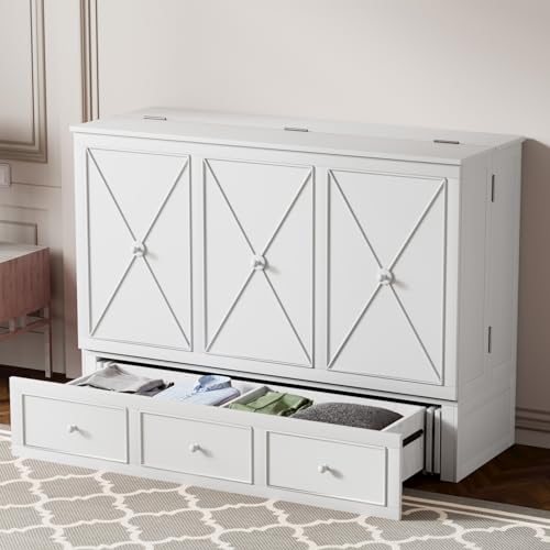 MUZZ Murphy Bed Queen with Foldable Mattress,Modern Cabinet Bed with Storage Drawer & USB Charging Station, Solid Wood Cube Cabinet Bed for Bedroom,Guest Room(Grey)