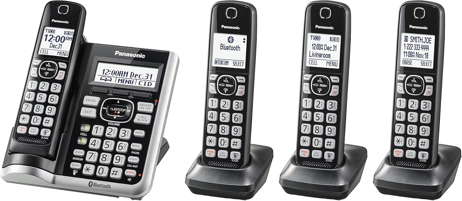 Panasonic Link2Cell Bluetooth Cordless Phone System with Voice Assistant, Call Block and Answering Machine, Expandable Home Phone with 5 Handsets – KX-TGF575S (Black with Silver Trim)