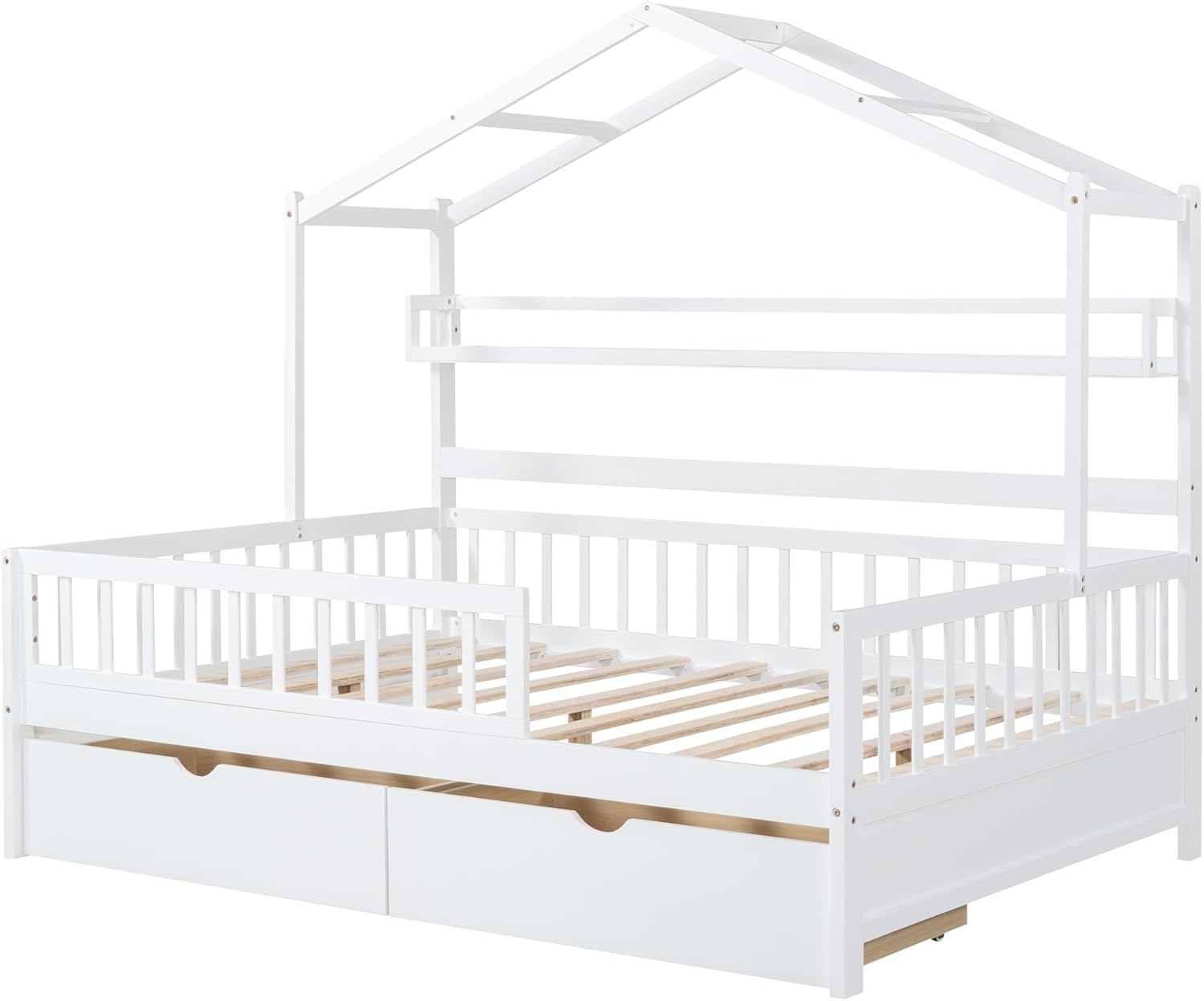Wooden Full Size House Bed Frame with 2 Drawers and Storage Shelf, Platform Full Beds with Roof and Safety Gurduarls, for Kids, Boys, Girls, No Spring Box Needed, Easy Assemble