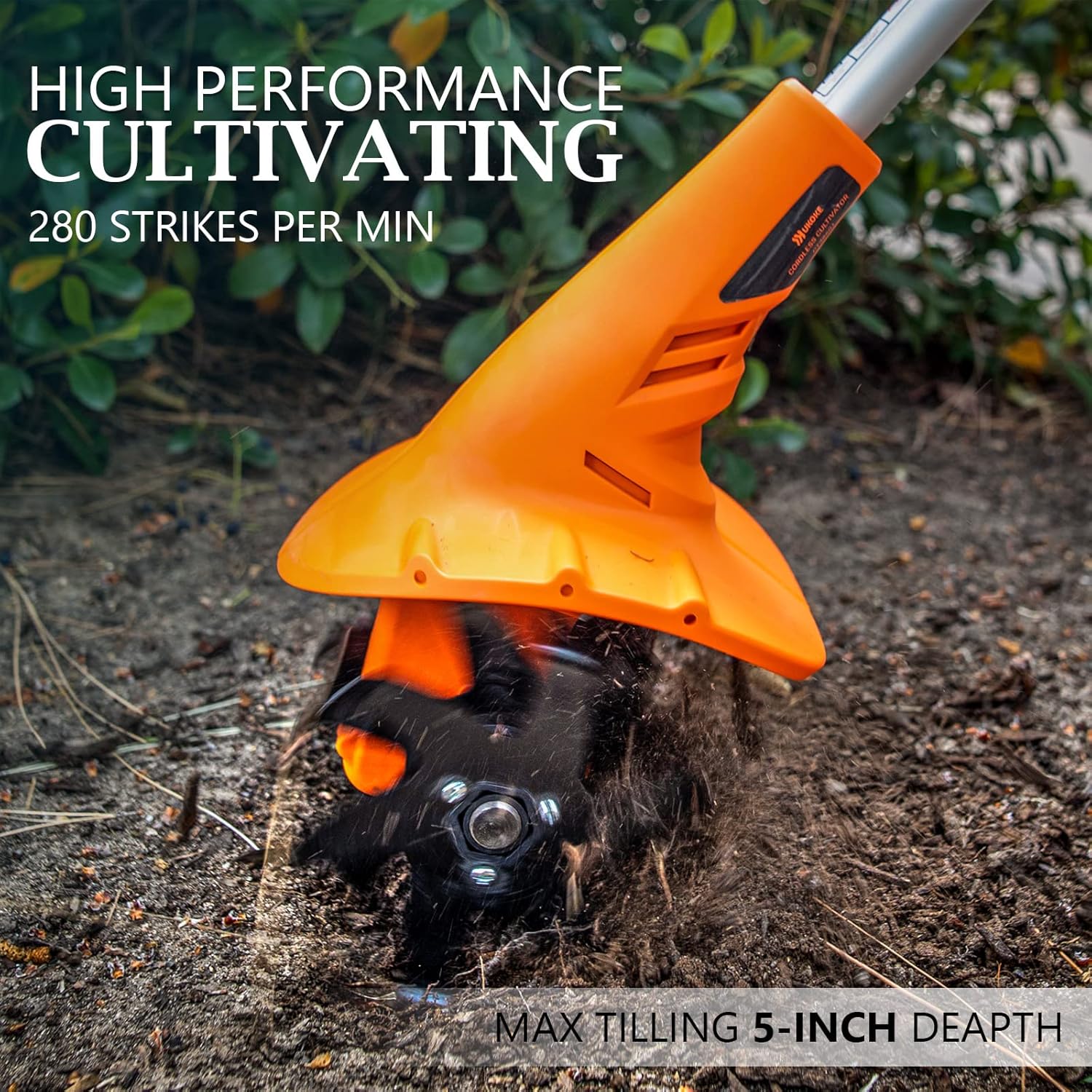 Ukoke Cordless Tiller Cultivator 20V 2.5 A Battery 280 max RPM Powered Tiller Cultivator, w/24 Steel Blade Cultivate Max Tilling 5'' deep Path by 7.8'' Wide, Orange, ST1902