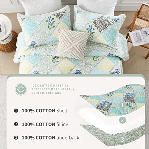 Finlonte Quilts Queen Size Sets, Floral Real Patchwork Blue Grey Farmhouse Plaid 100% Cotton Queen Quilt, Reversible Lightweight Soft Queen Bedspread Quilt Bedding Set, 3-Pieces