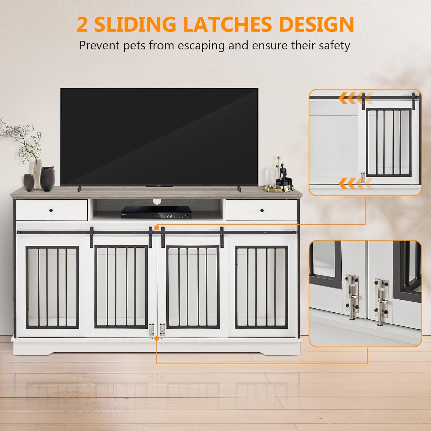 3-in-1 66.1 Inch Double Dog Crate Furniture for 2 Large Dogs, White Durable Double Dog Kennel TV Stand with Divider and 2 Drawers