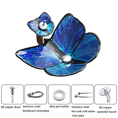 Bathroom Vessel Sink, Tempered Glass Vessel Butterfly Sink Artistic Top Mount Installation Bathroom Sinks with Pop Up Drain Waterfall Faucet,Blue
