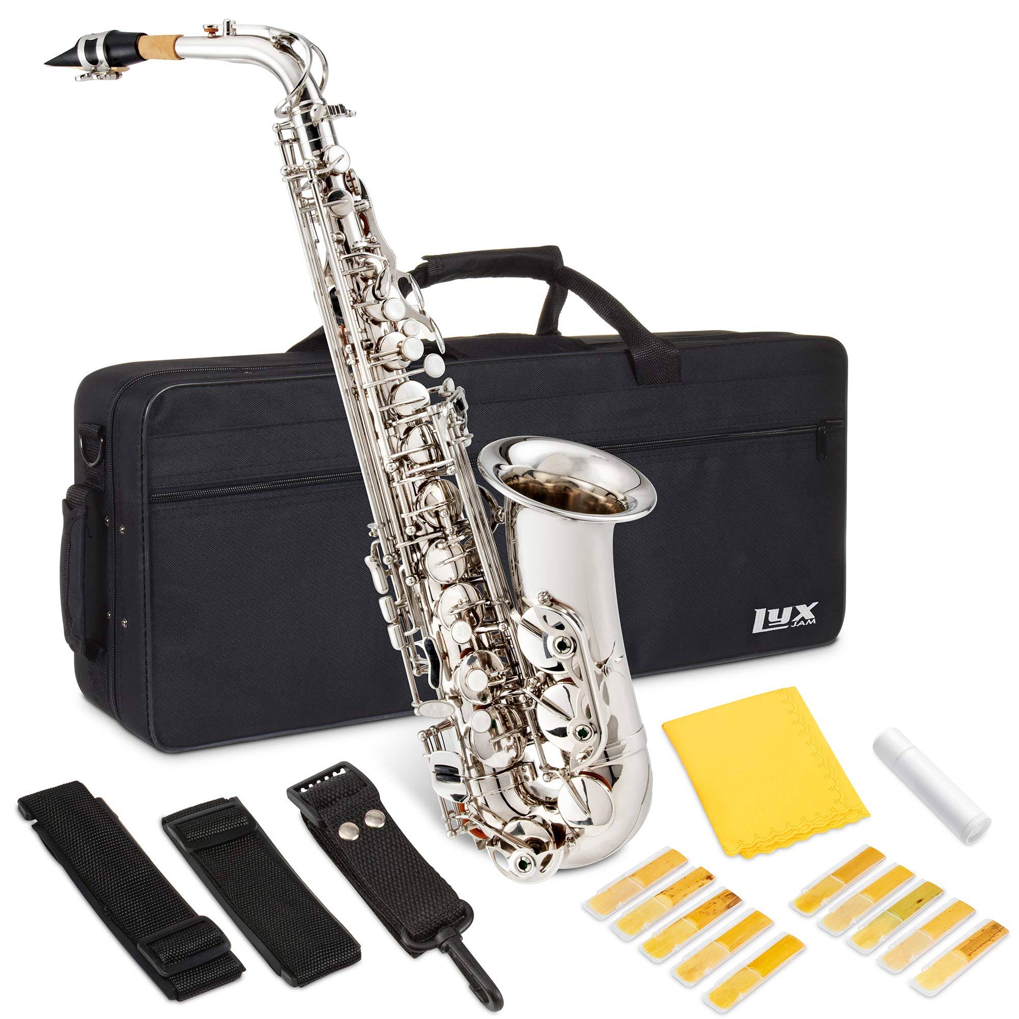 LyxJam Alto Saxophone E Flat Brass Sax Beginners Kit - Nickel - Alto Horns
