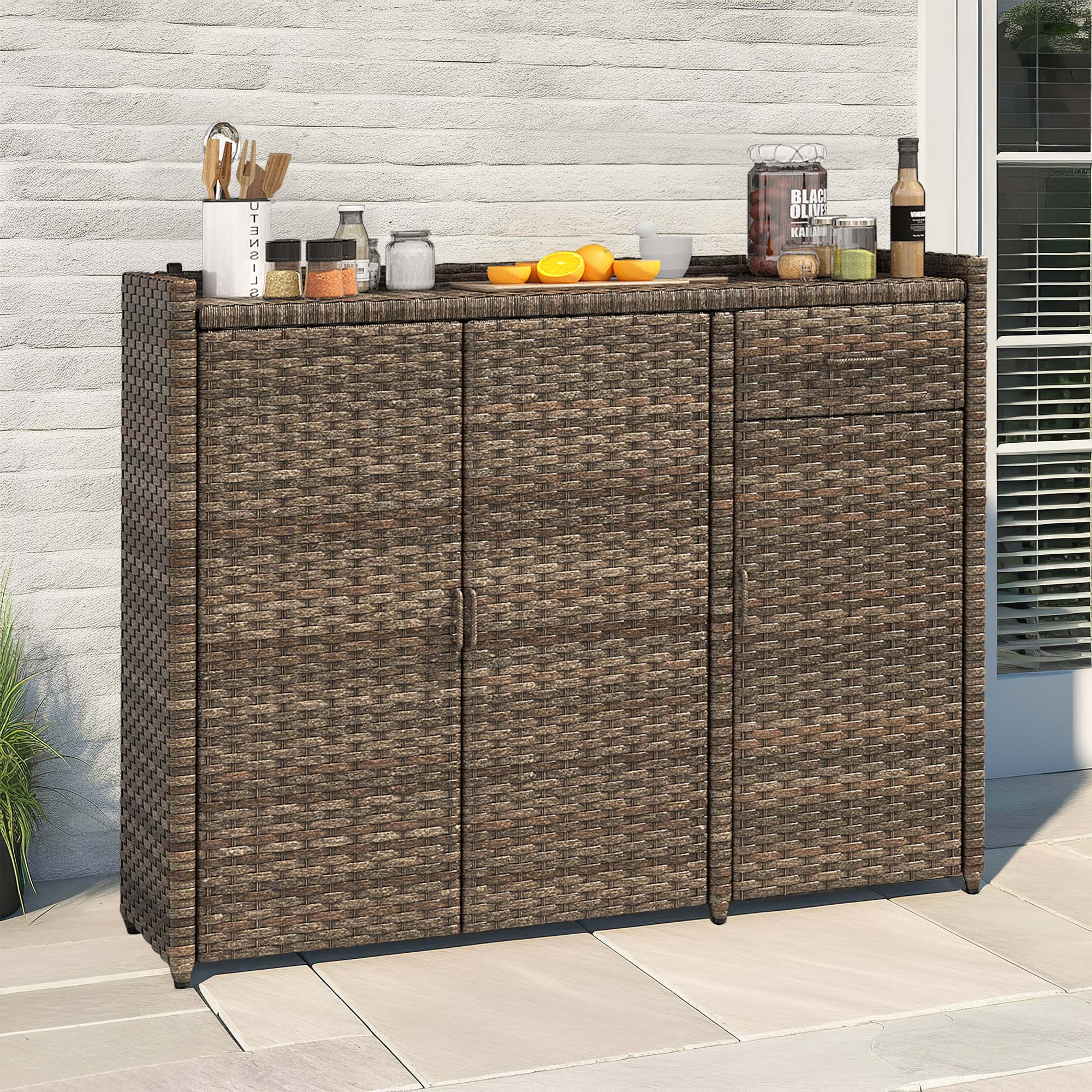 Dextrus Rattan Wicker Patio Organizer Storage Cabinet with 2 Doors, Foldable Drawer, Weather-proof Rattan Bar Table, Storage Box - Brown